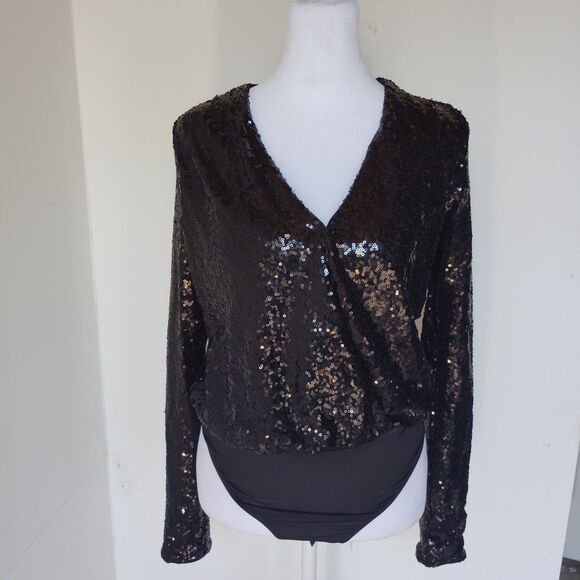H&M Black Bodysuit with Sequins XS NWT Holiday New Years Cocktail Glam Sparkle - Picture 2 of 10